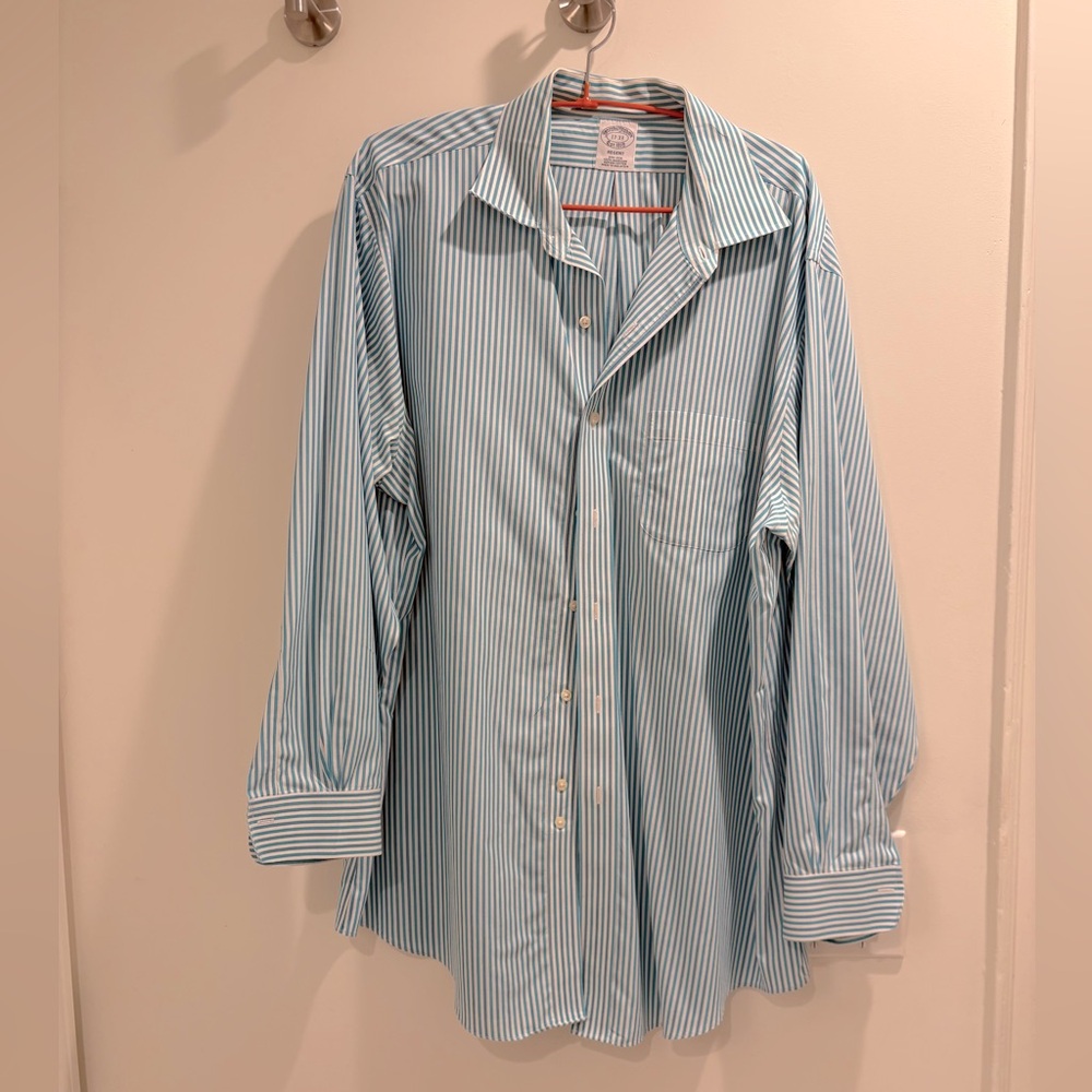 Men’s Brooks Brothers teal + white striped Button down 17” neck, 33” sleeve.